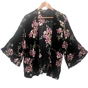 Promesa Womens  Boho Country Flowy Black Floral Kimono Cardigan Bell Sleeve S M